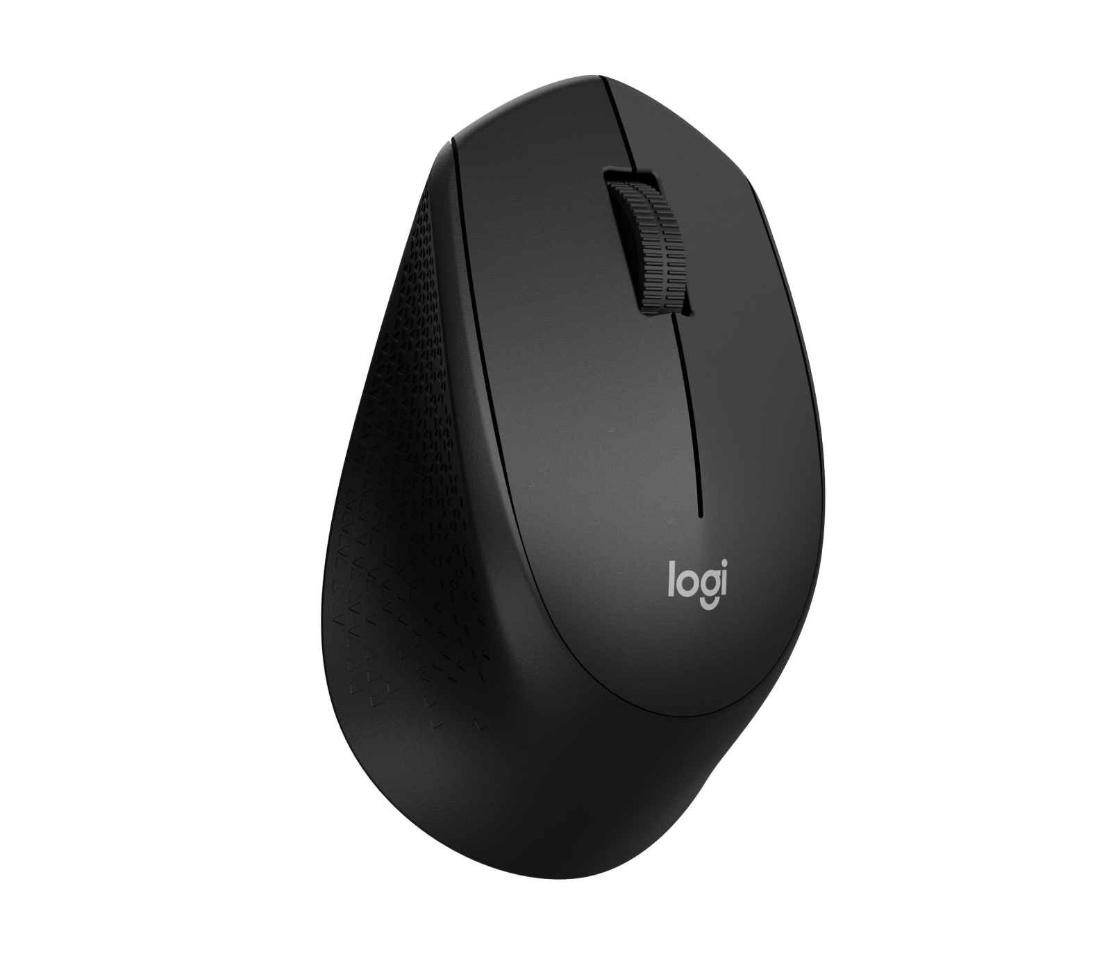 Een zwarte draadloze Logitech-muis op een witte achtergrond. De muis heeft een scrollwiel en het Logitech-logo.