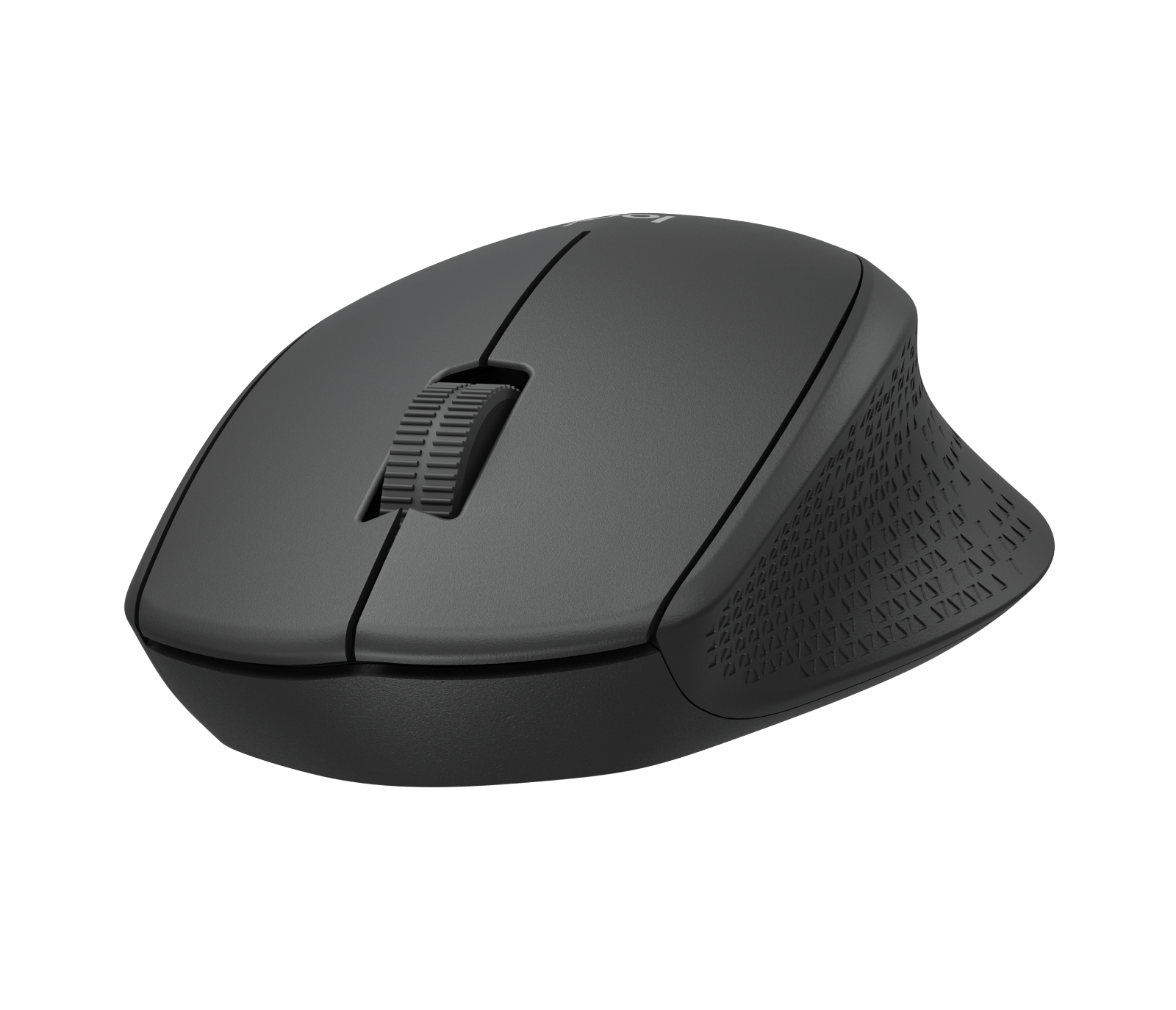 Een grijze draadloze computermuis op een witte achtergrond. De muis heeft een scrollwiel en een getextureerde grip.