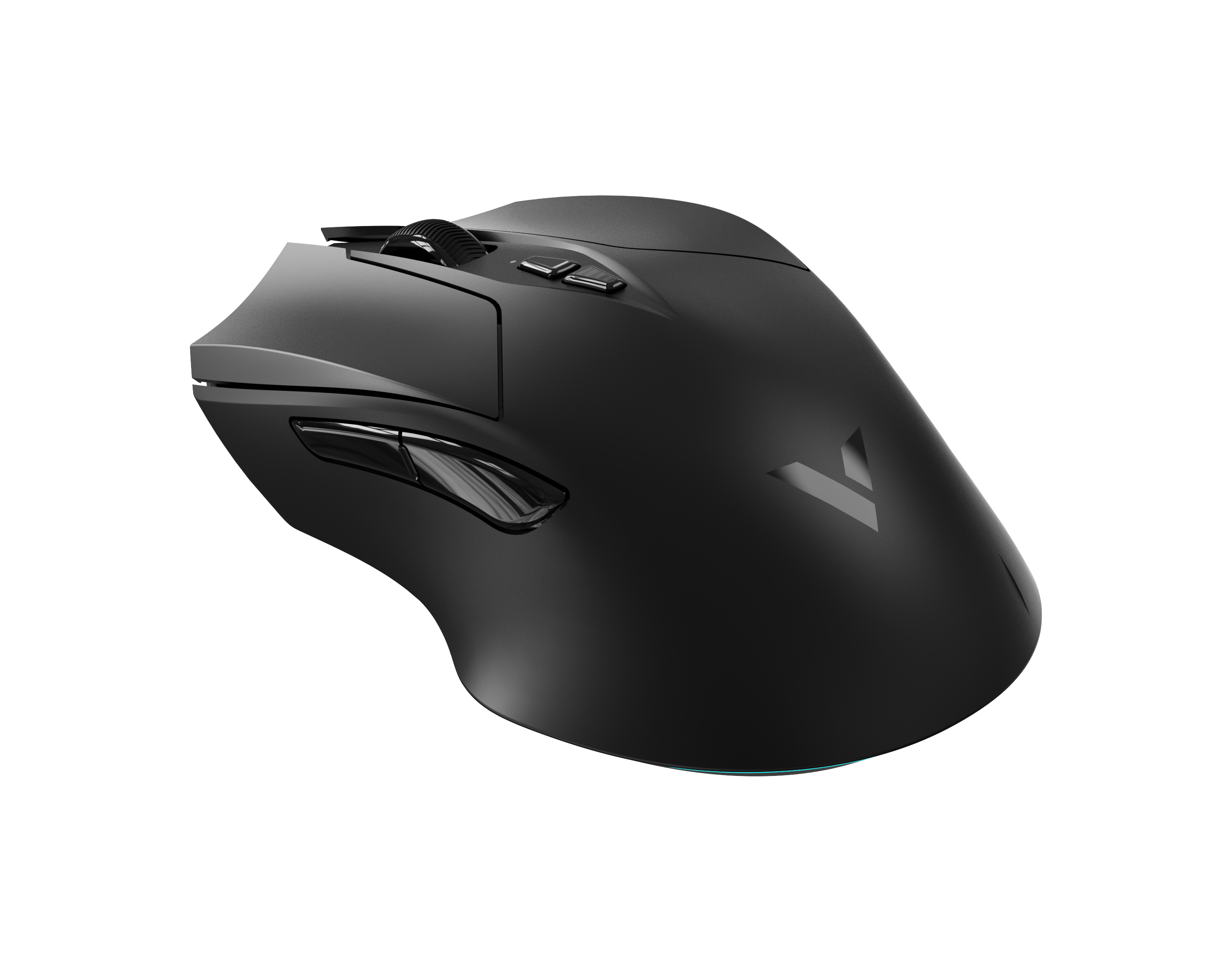 Eine schwarze Gaming-Maus. Sie hat Tasten, ein Scrollrad und ein Logo. Der Hintergrund ist weiß.