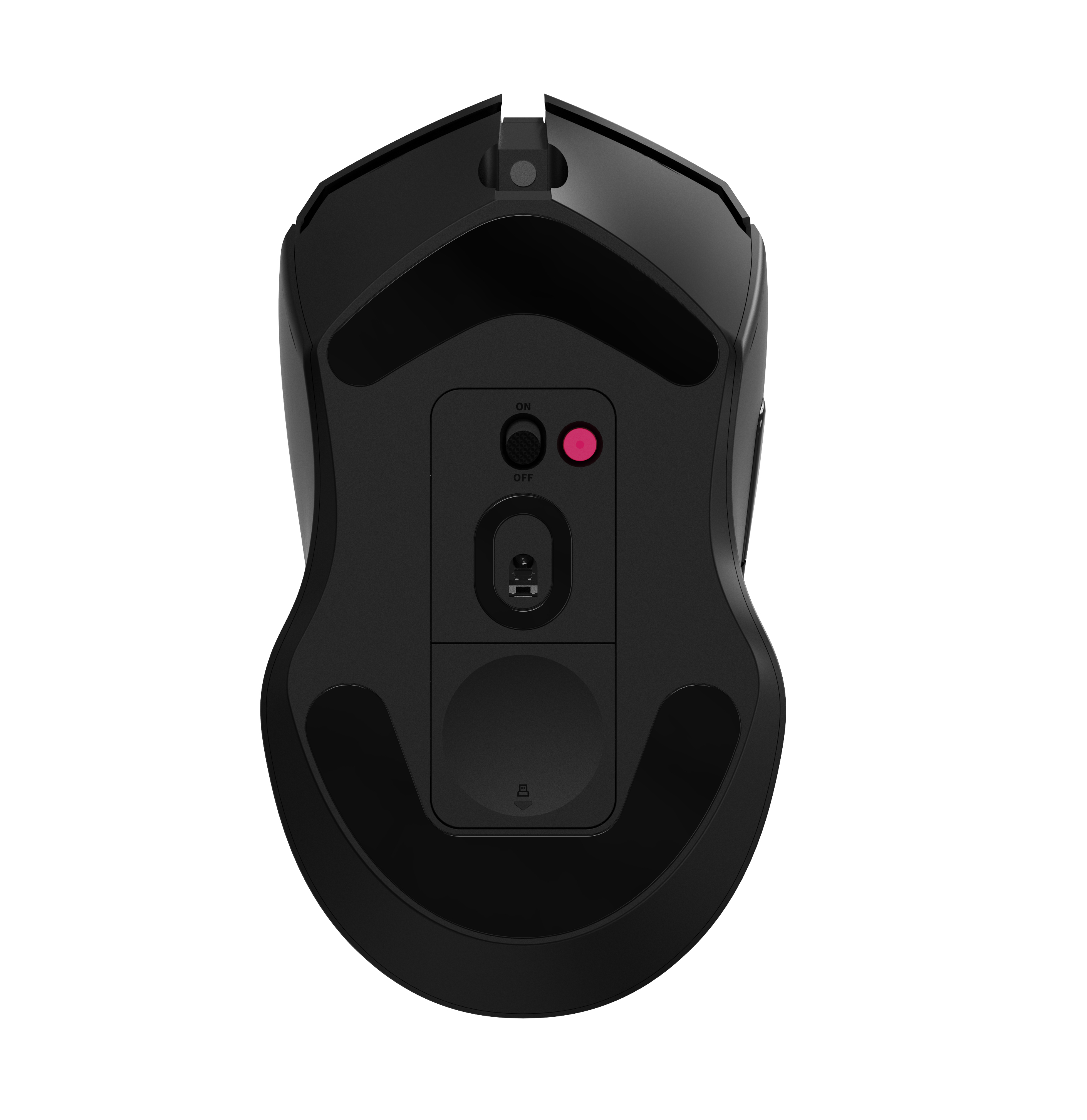 Schwarze Computermaus, Unteransicht. Merkmale: Netzschalter, rosa Licht und ein Fach. Weißer Hintergrund.