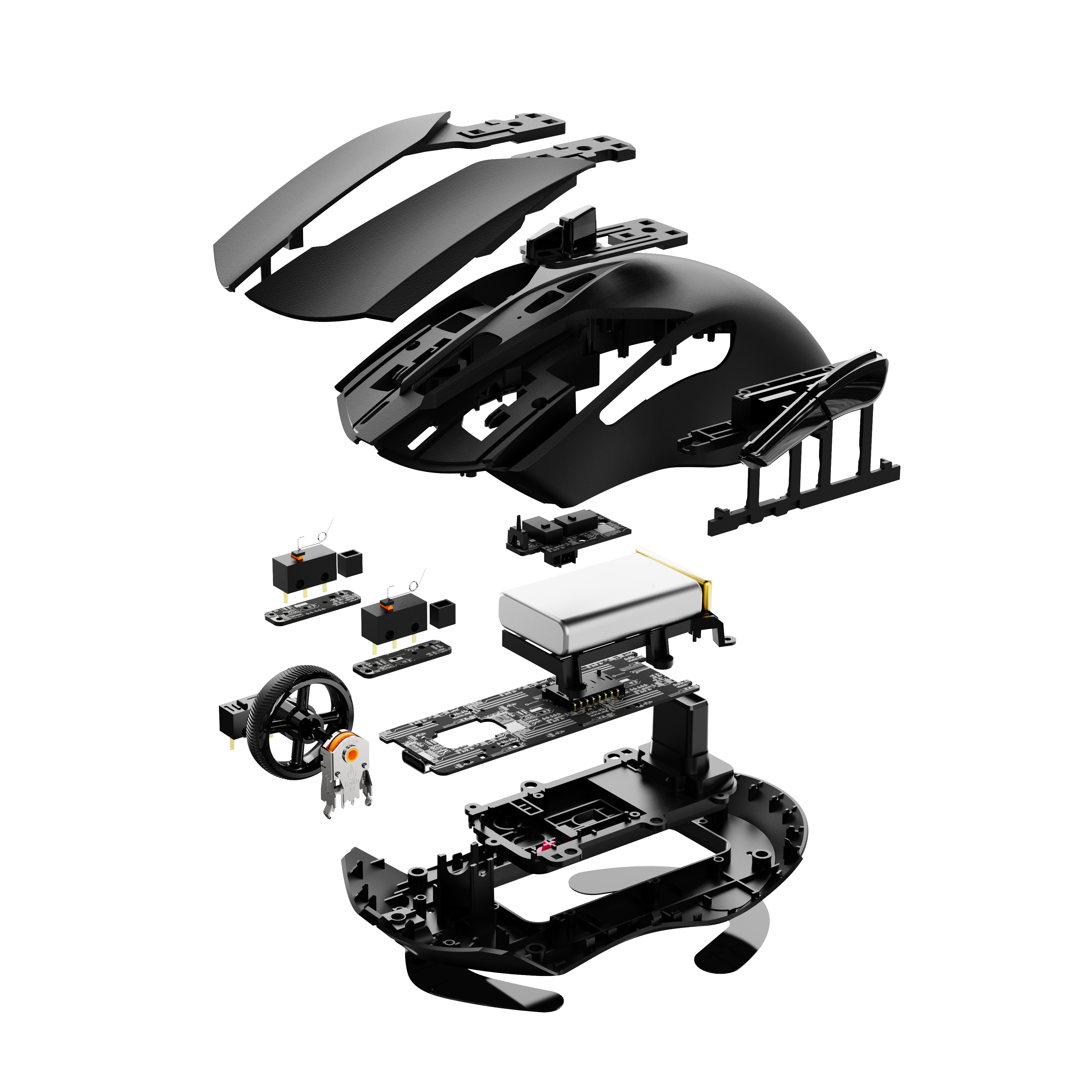 Explodierte Ansicht einer schwarzen Gaming-Maus. Komponenten: Tasten, Rad, Platine, Batterie, alle isoliert.