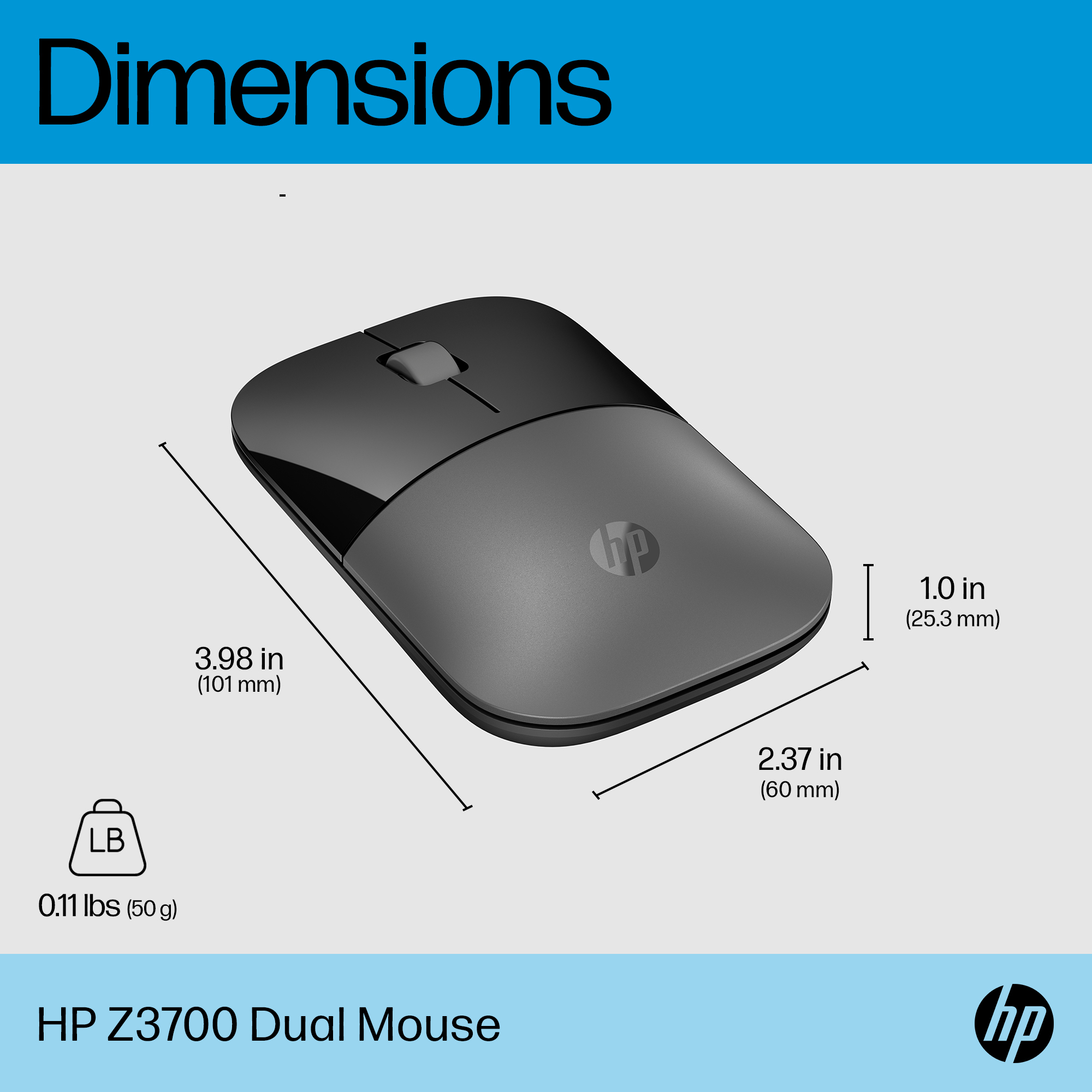 Un ratón dual HP Z3700. Es negro y gris, con dimensiones mostradas. El peso es de 0,11 lbs. Logotipo de HP presente.