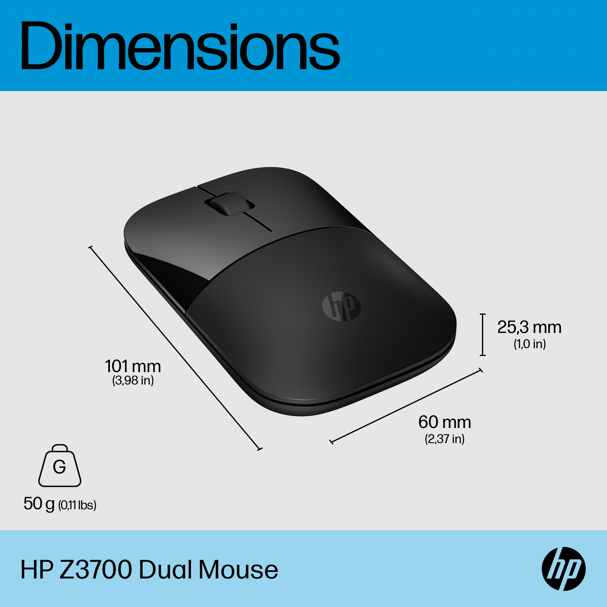 Un ratón HP Z3700 Dual negro con dimensiones, peso y medidas. Hay un logotipo de HP.