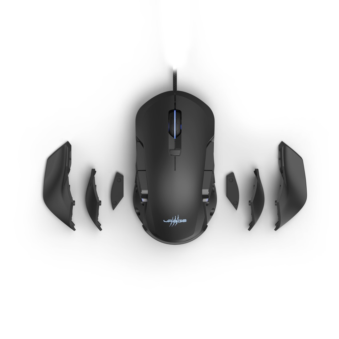 Schwarze UURAGE Gaming-Maus mit abnehmbaren Teilen auf weißem Hintergrund. Die Maus hat ein blaues Licht und ein Kabel.