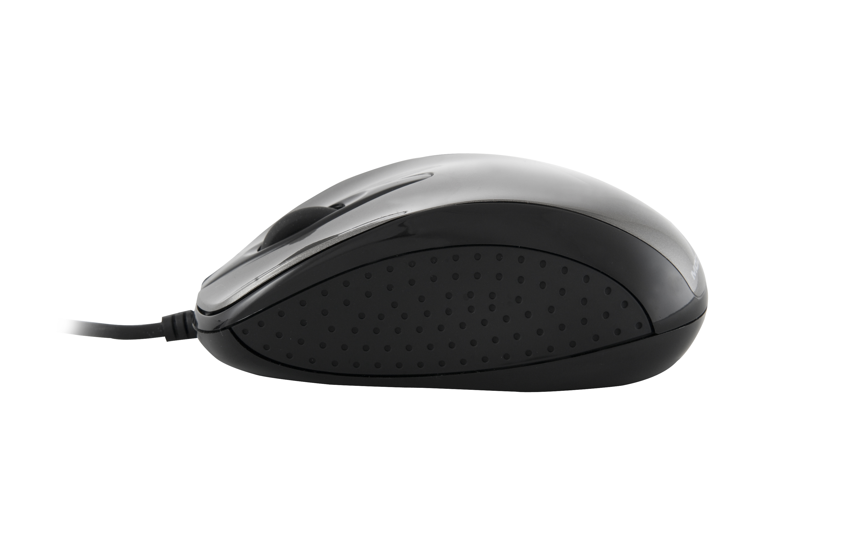 Czarna mysz komputerowa na białym tle. Mysz ma kółko przewijania i teksturowany bok.