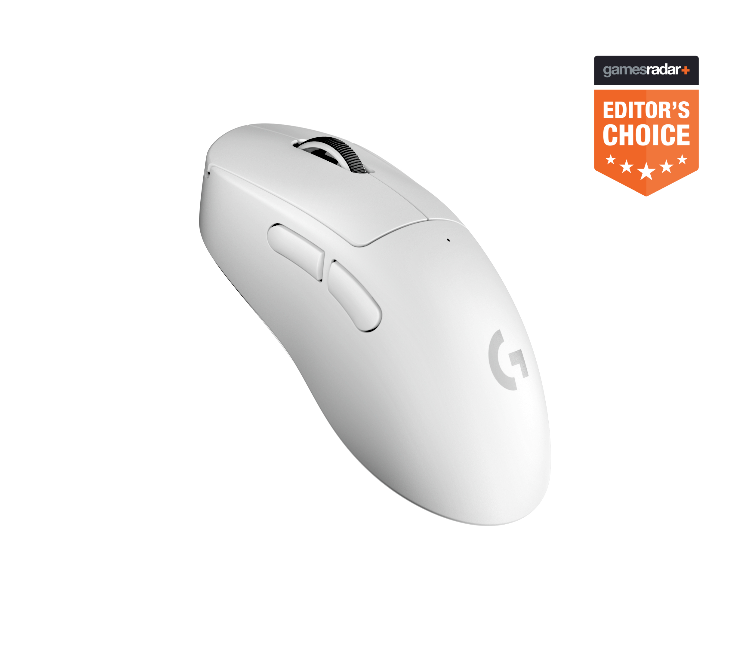 Biała mysz gamingowa Logitech z kółkiem przewijania i dwoma bocznymi przyciskami. Ma logo 'G' i odznakę nagrody.