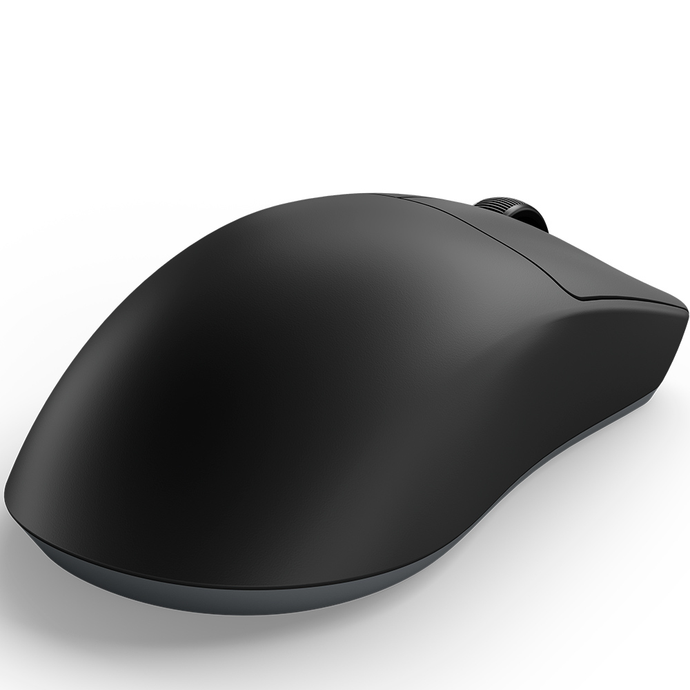 Czarna mysz komputerowa na białym tle. Mysz ma kółko przewijania i gładką, ergonomiczną konstrukcję.