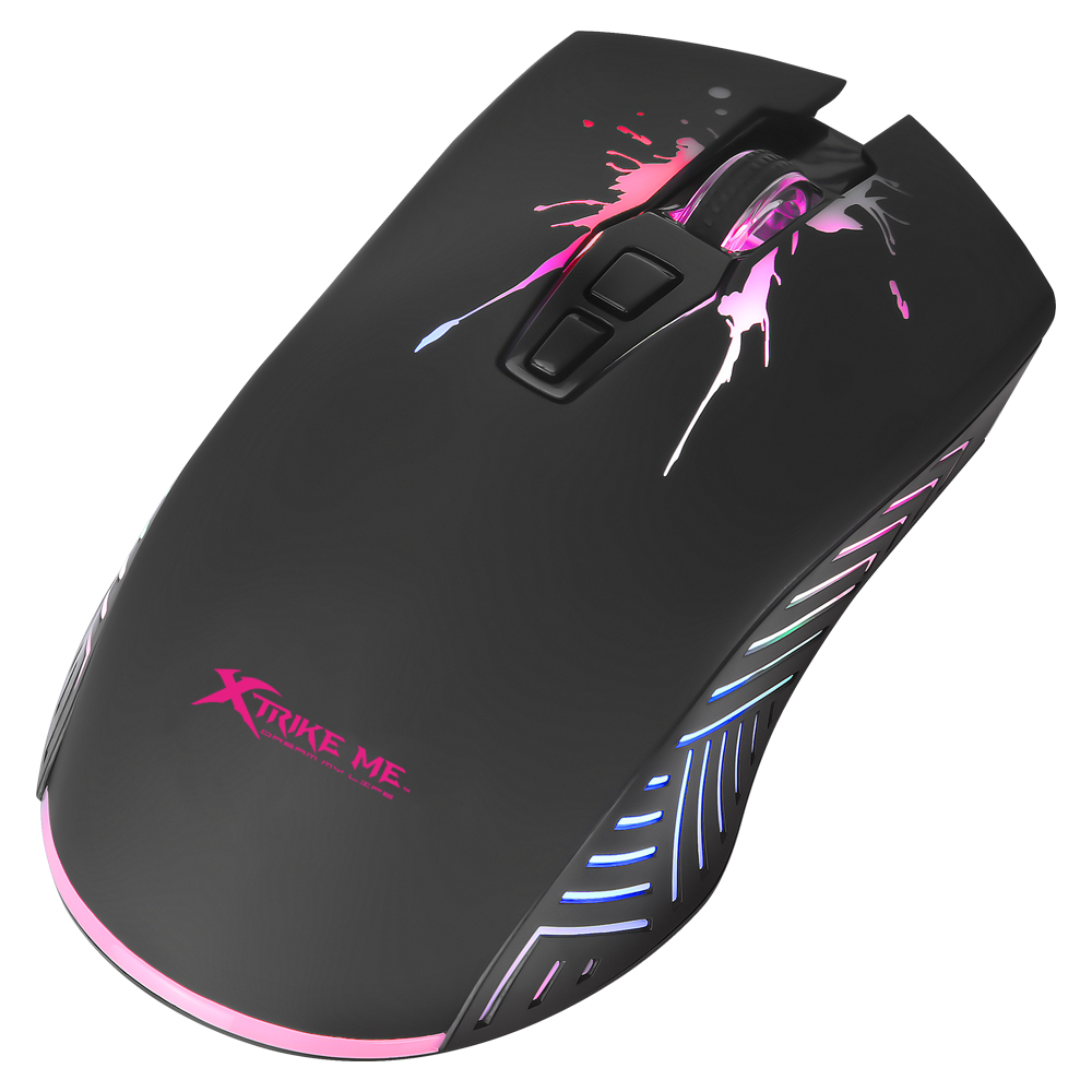 Ratón gaming negro con detalles rosas y blancos. Con botones, rueda de desplazamiento y luces. Logotipo X-TRIKE ME.