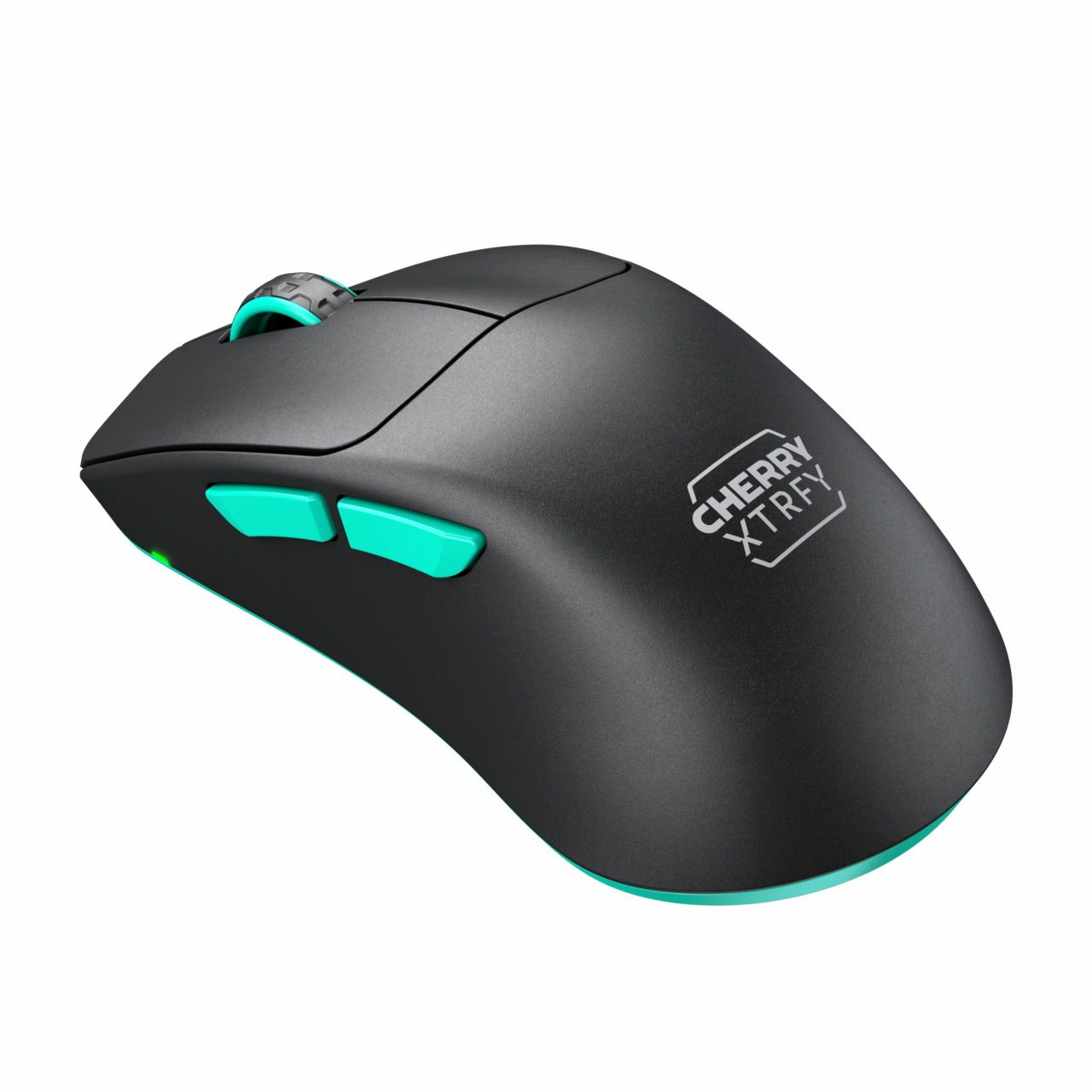 Un ratón de ordenador negro con detalles turquesa. Cuenta con botones, rueda de desplazamiento y el logotipo Cherry Xtrfy. Diseño ergonómico moderno.