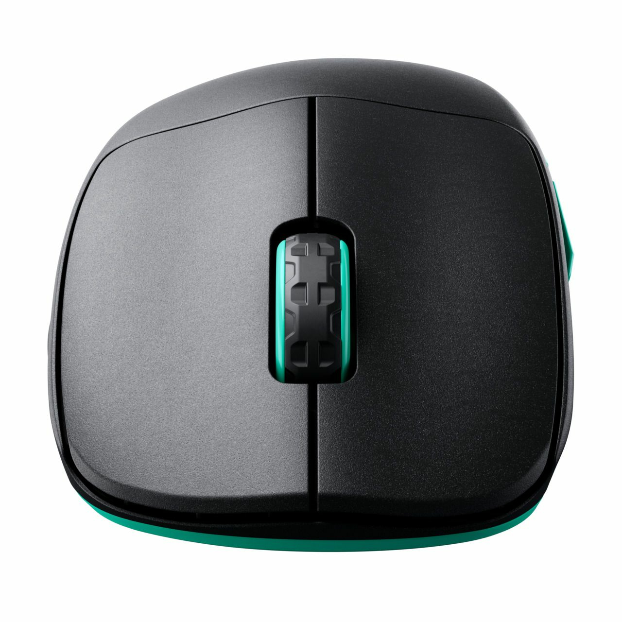 Ratón de ordenador negro y gris con detalles turquesa, vista superior. Tiene una rueda de desplazamiento y botones.
