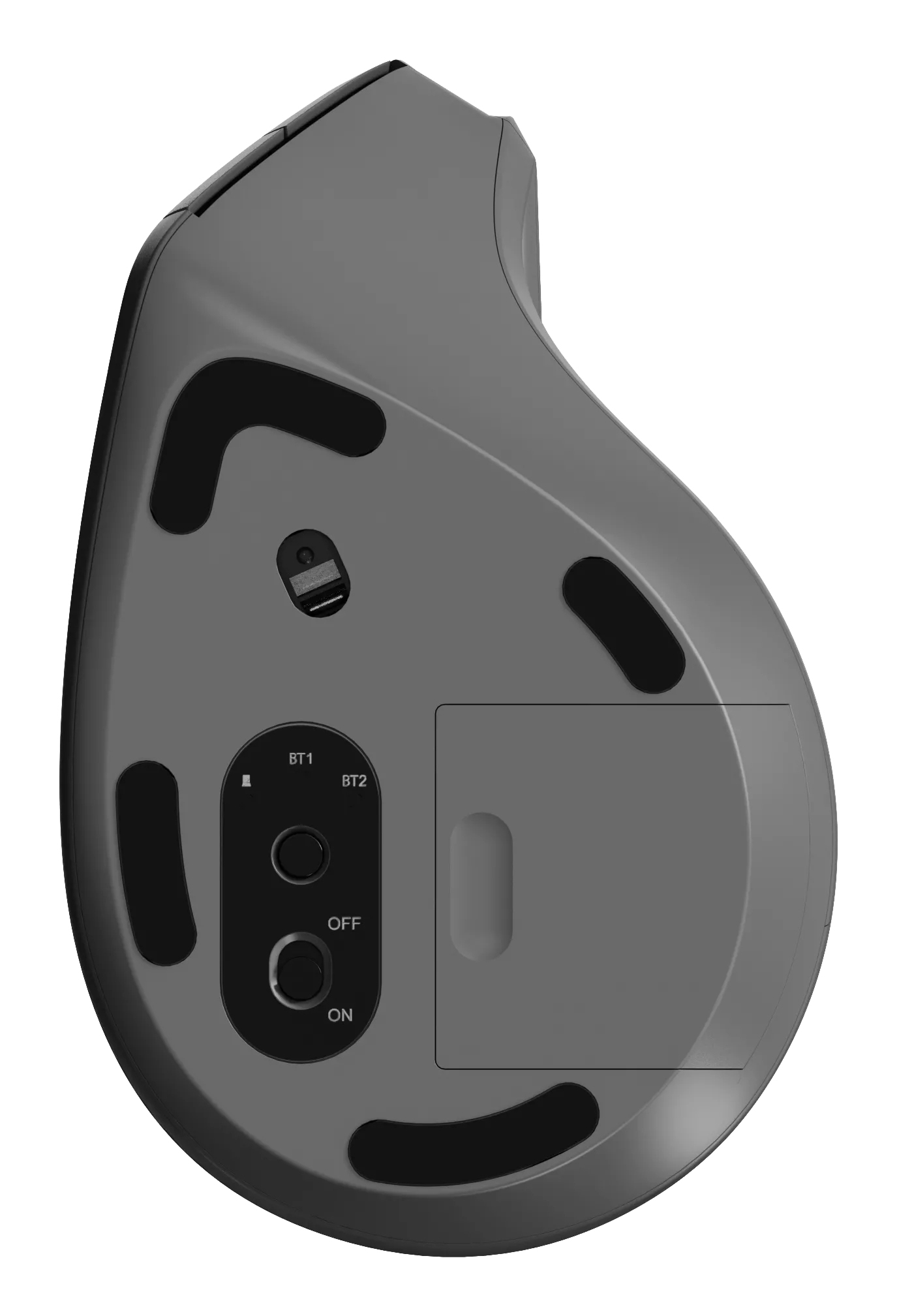 Widok od spodu szarej ergonomicznej myszy. Zawiera włącznik/wyłącznik, przyciski BT1/BT2 i komorę baterii. Widoczne czarne podkładki.