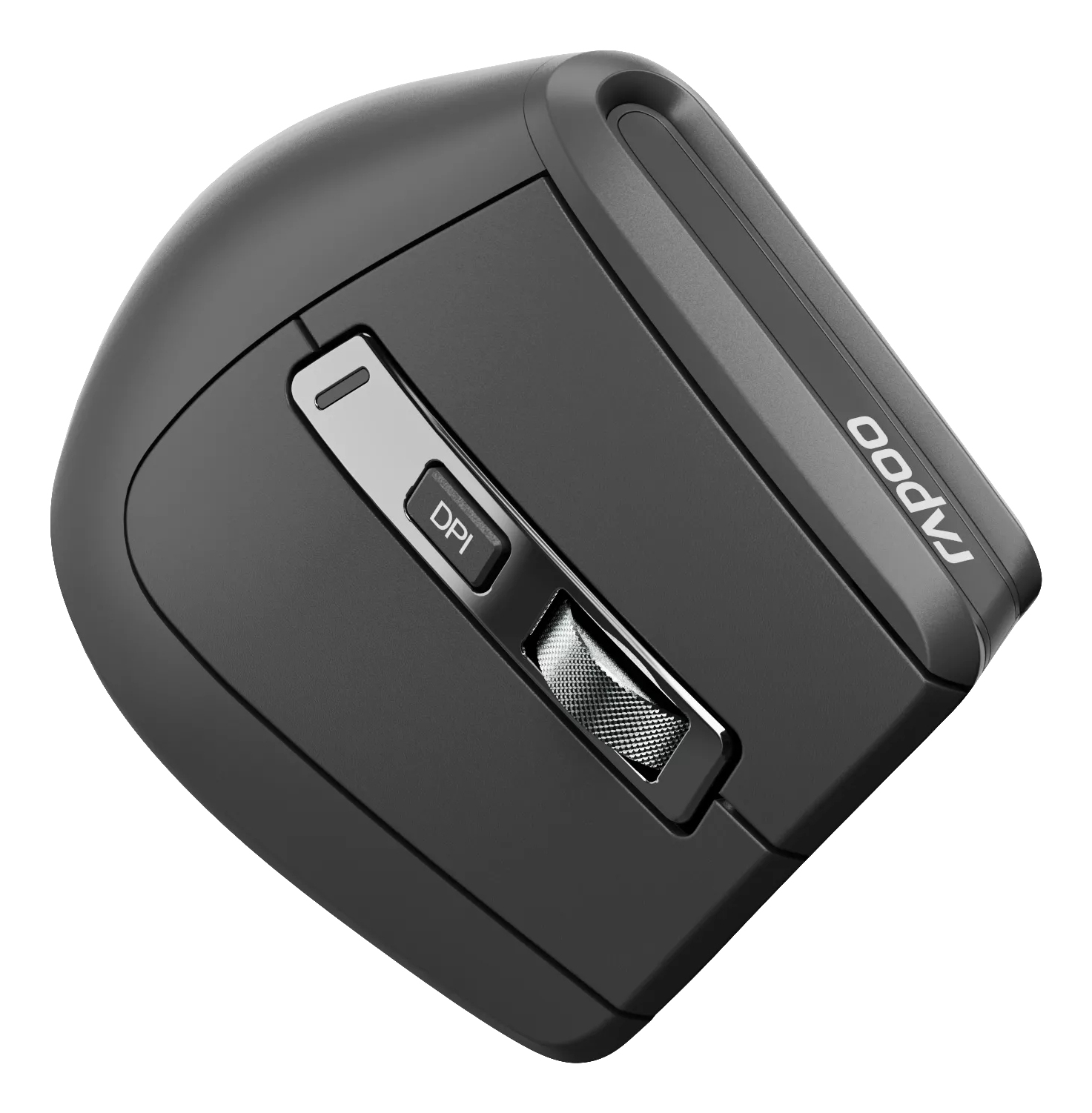 Czarna ergonomiczna mysz komputerowa z logo Rapoo. Posiada przycisk DPI i kółko przewijania. Tło jest białe.