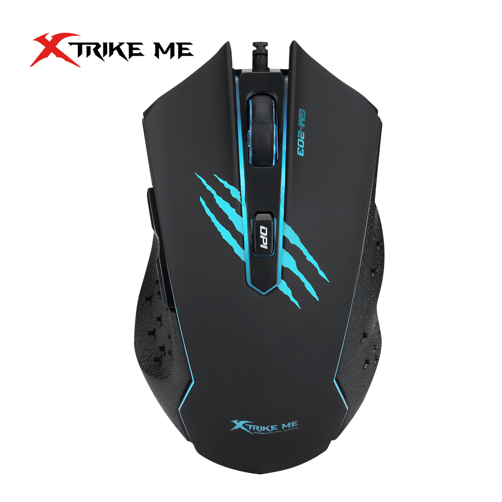 Ratón gaming negro X-TRIKE ME GM-203 con detalles azules, logo y marcas DPI. Aislado sobre fondo blanco.