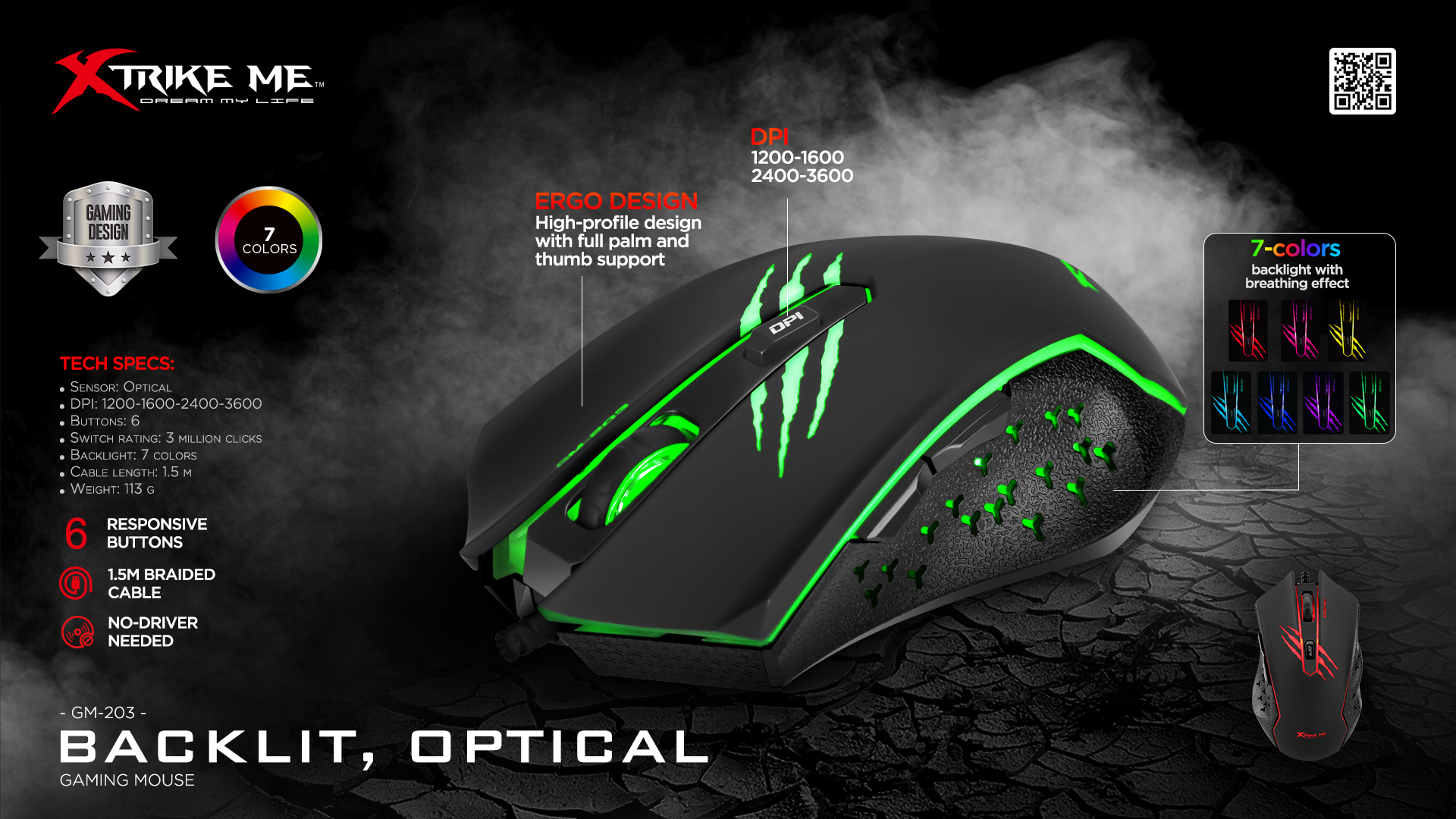 Un ratón gaming negro con detalles verdes y retroiluminación de 7 colores. Etiquetas de texto detallan especificaciones, diseño y características.