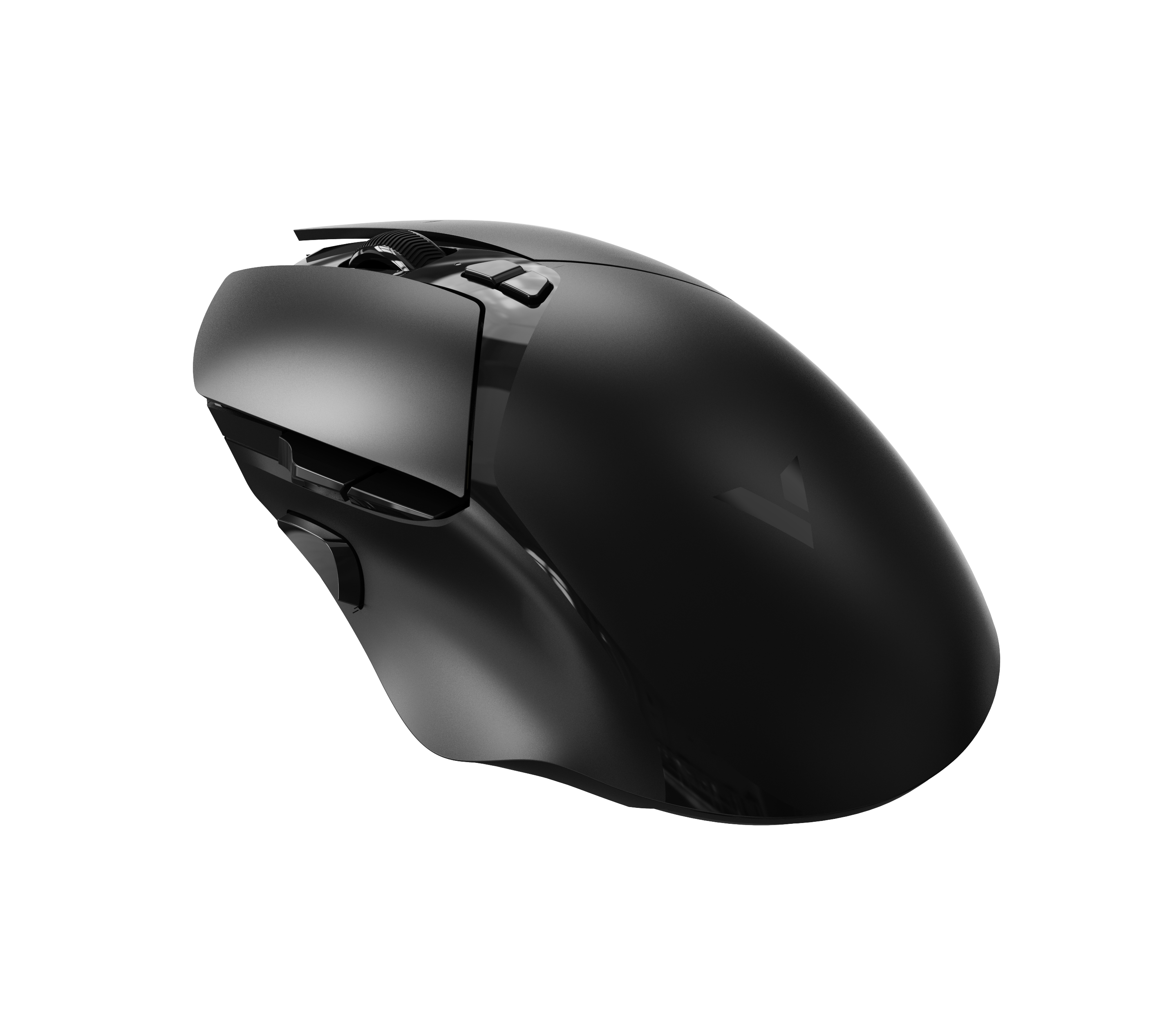 Eine schwarze Computermaus mit Tasten und einem Scrollrad, vor weißem Hintergrund.