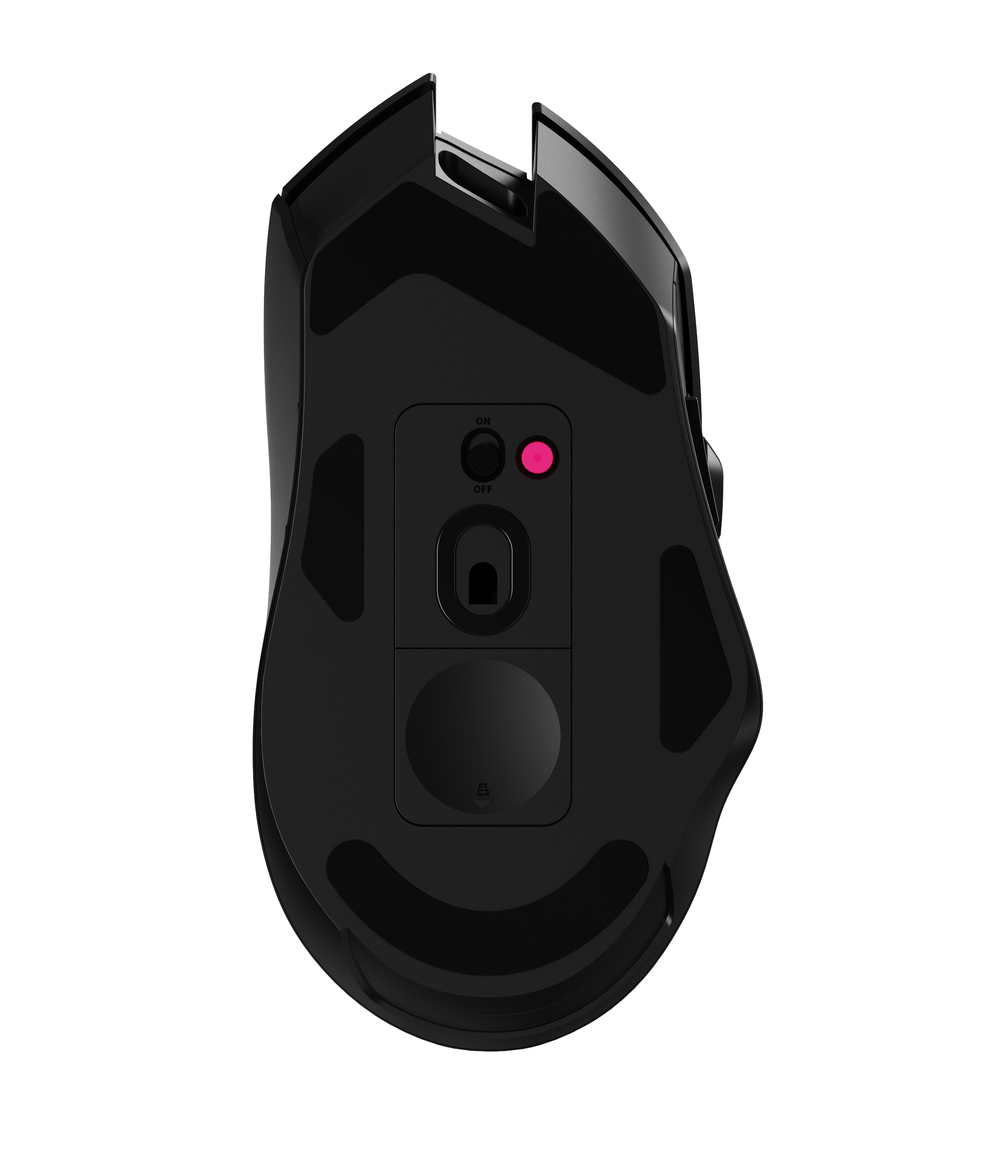 Schwarze Computermaus, Unteransicht. Merkmale sind Ein/Aus-Schalter, Betriebsanzeige und eine kreisförmige Taste. Weißer Hintergrund.