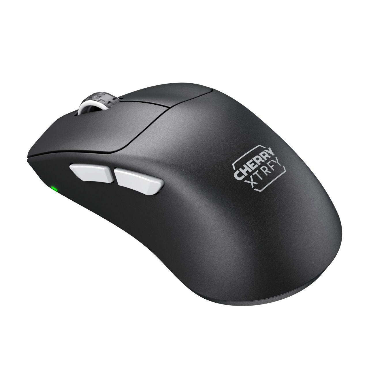 Un mouse da gioco Cherry Xtrfy nero, pulsanti bianchi, rotella di scorrimento e logo. Luce verde laterale. Isolato su bianco.