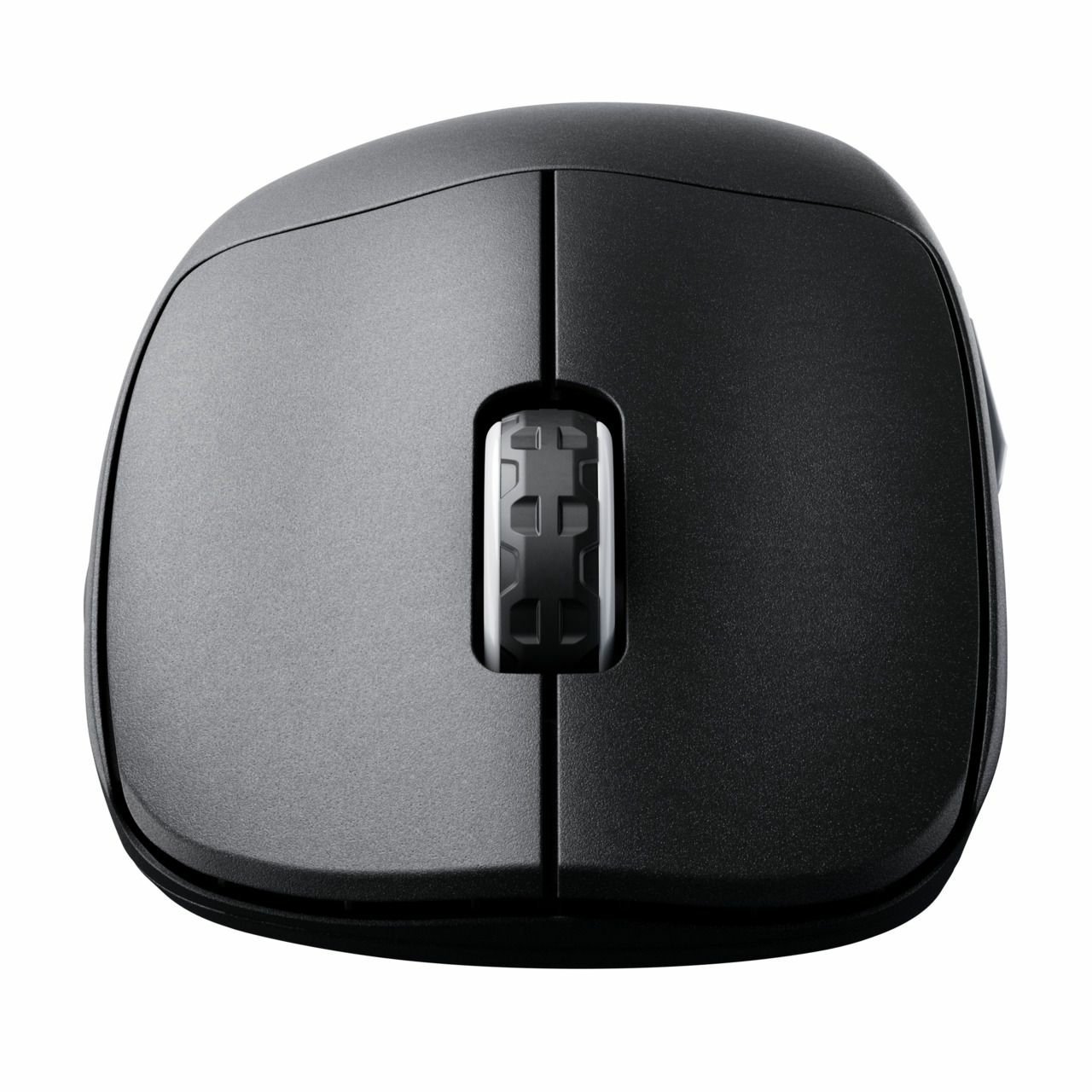 Vista dall'alto di un mouse nero. Ha una rotella di scorrimento e due pulsanti principali, su sfondo bianco.