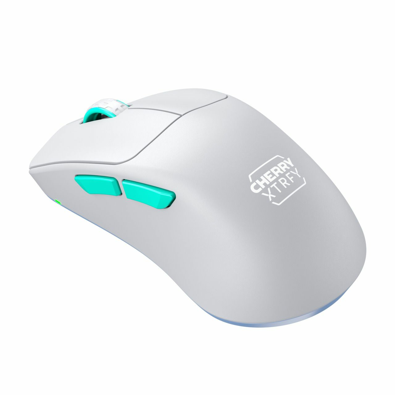 Un ratón de ordenador blanco y verde azulado con el logotipo de Cherry Xtrfy. Tiene botones y rueda de desplazamiento verde azulado. El ratón está sobre un fondo blanco.