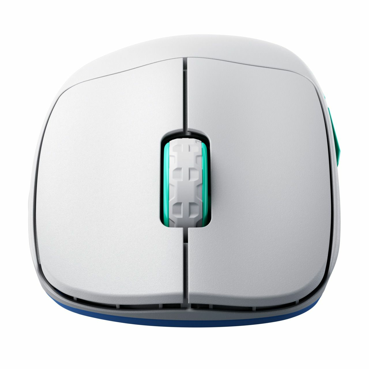Un ratón de ordenador blanco y gris. Tiene una rueda de desplazamiento verde azulado y una base azul. El diseño es elegante y moderno.