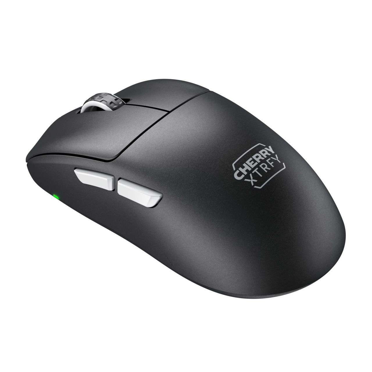 Un mouse per computer nero. Ha pulsanti bianchi, una rotella di scorrimento e il logo "CHERRY XTRFY". È visibile una luce verde.