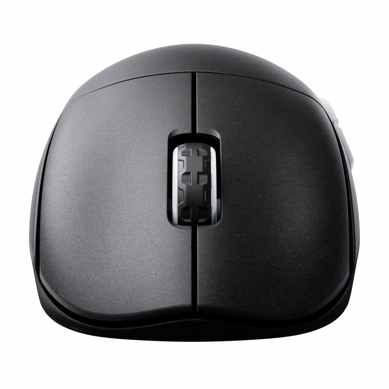 Un mouse nero per computer con una rotella di scorrimento e due pulsanti. Il mouse è su sfondo bianco.