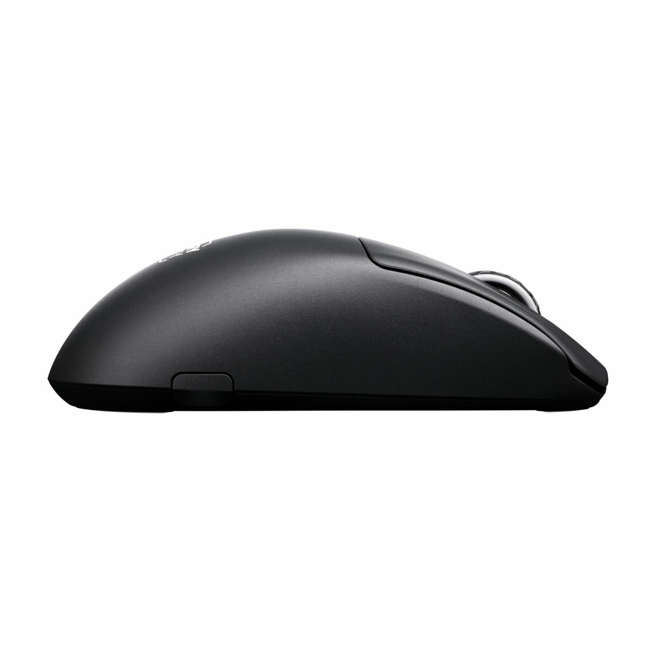 Un mouse nero per computer visto di lato. Ha una parte superiore curva, due pulsanti e una rotella di scorrimento.