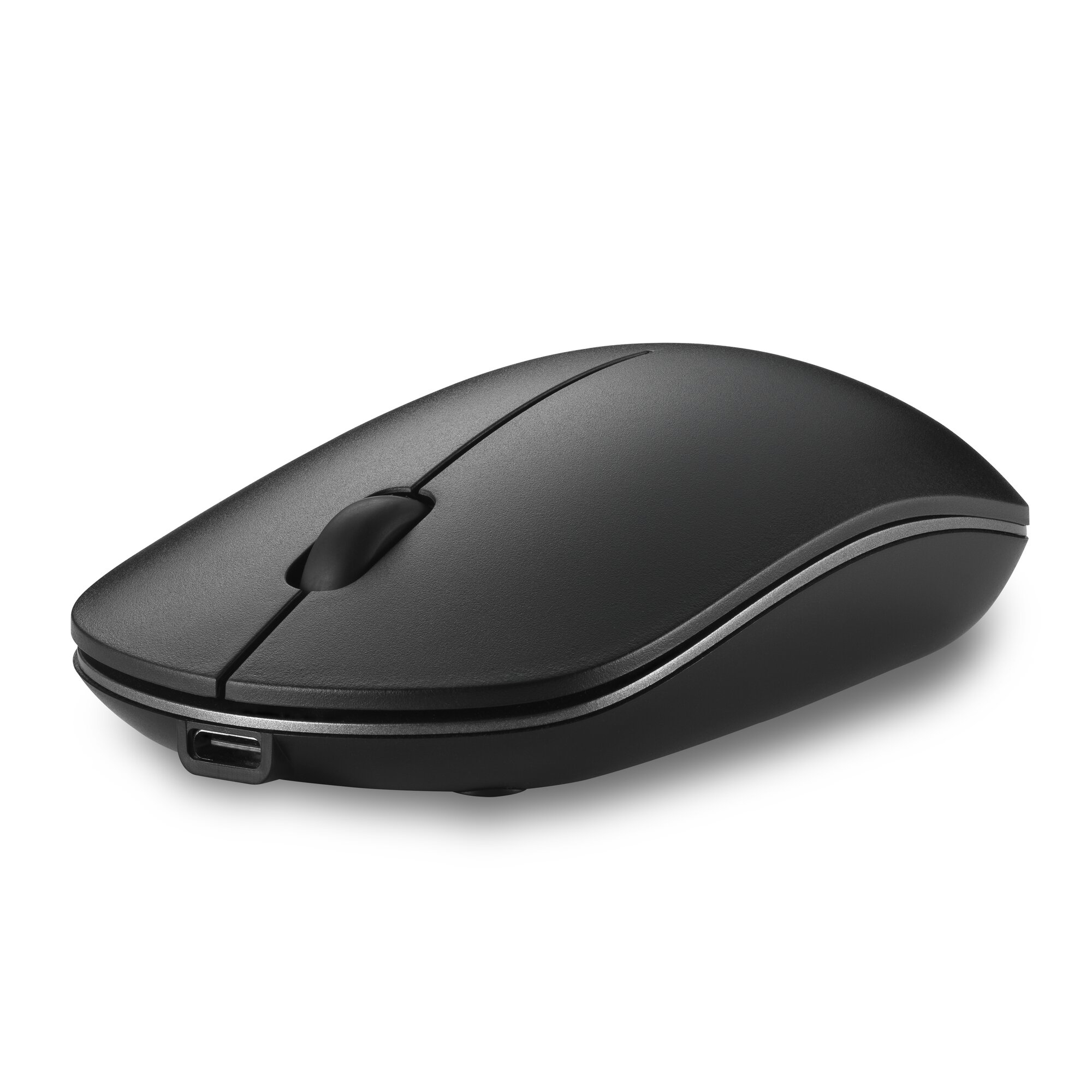 A black computer mouse on a white background. It has a scroll wheel, and two buttons. The design is ergonomic.