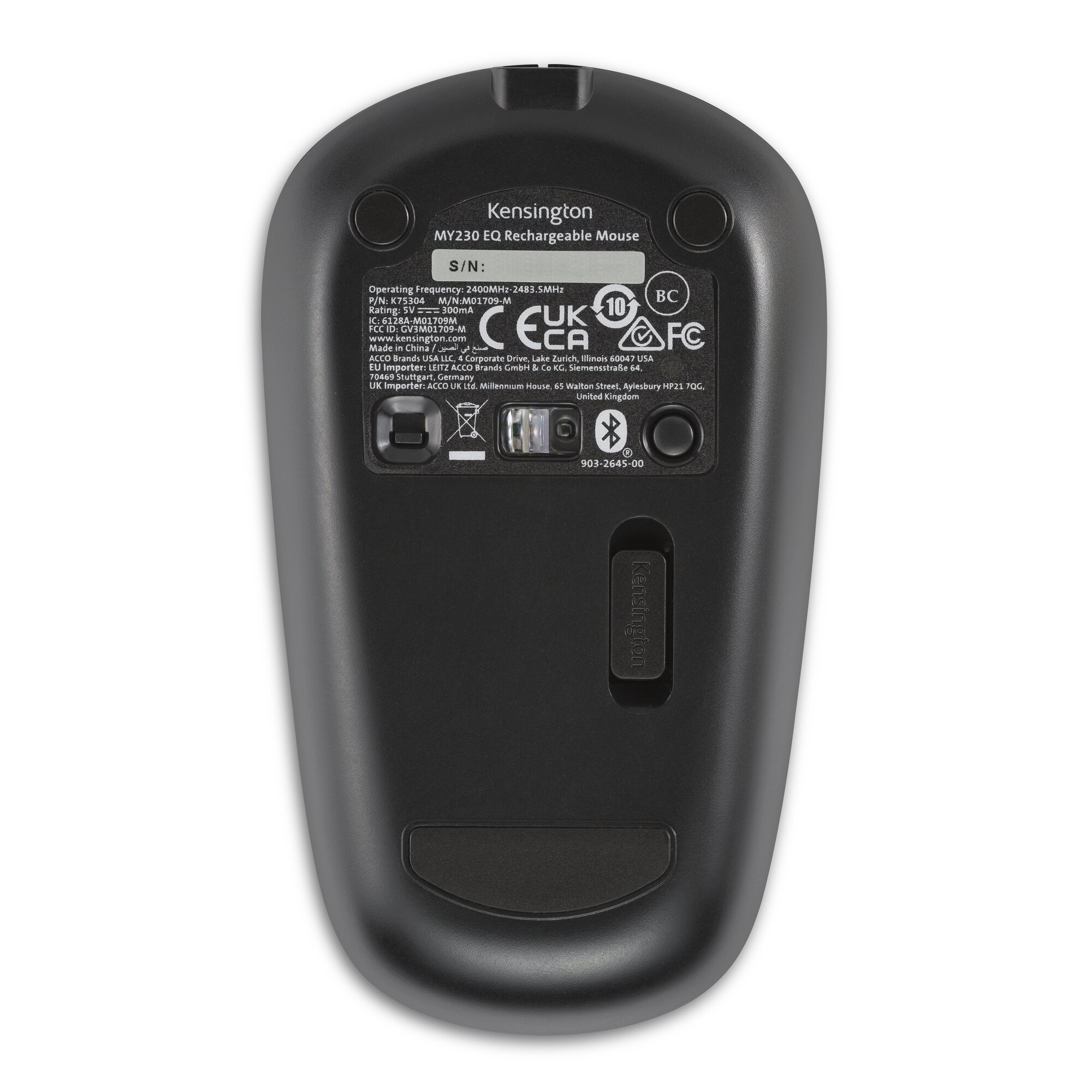Bottom of a black Kensington mouse. Text includes model, regulatory info, and serial number.