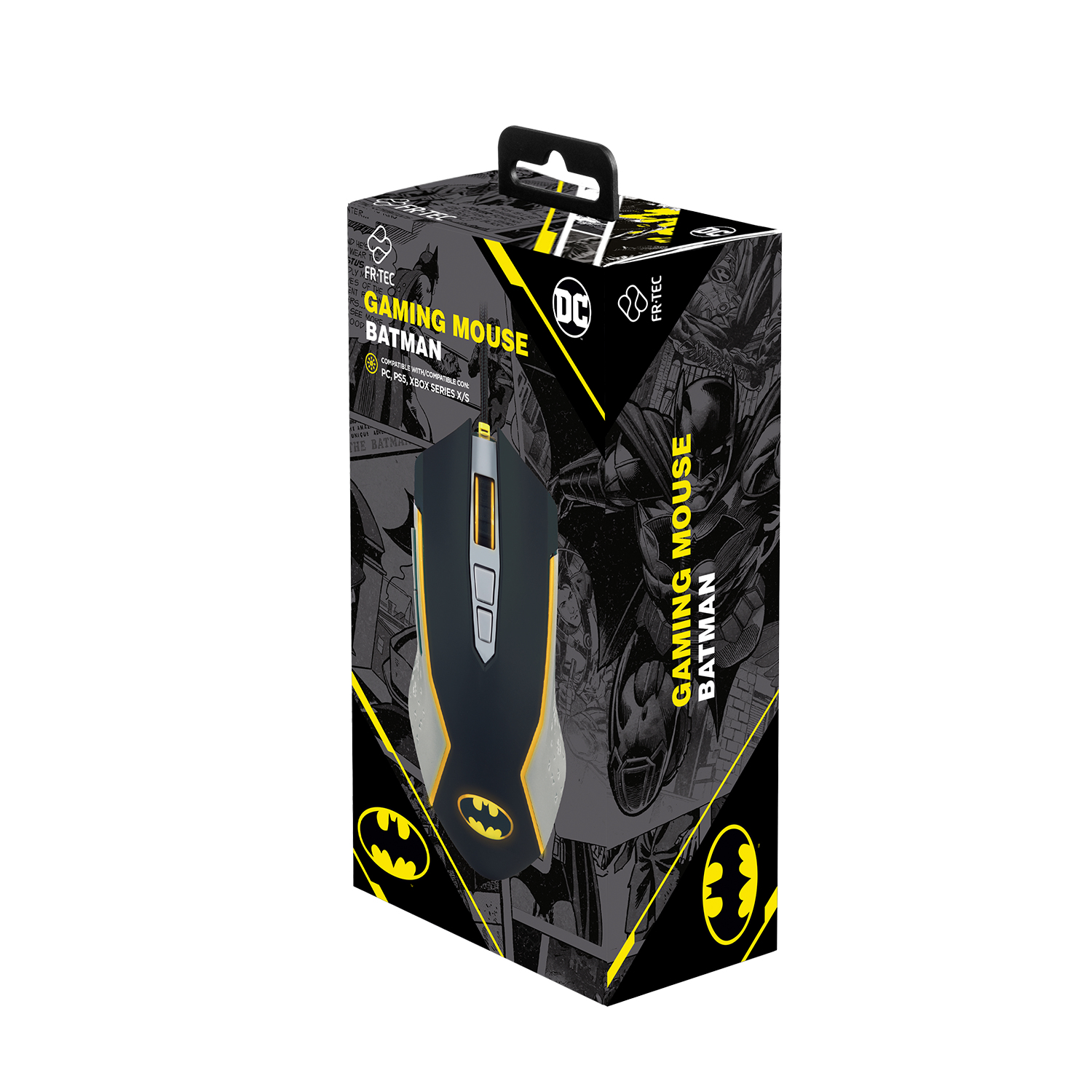 Un mouse da gioco a tema Batman in una scatola. La scatola è nera e gialla, con il logo di Batman e grafica a fumetti.