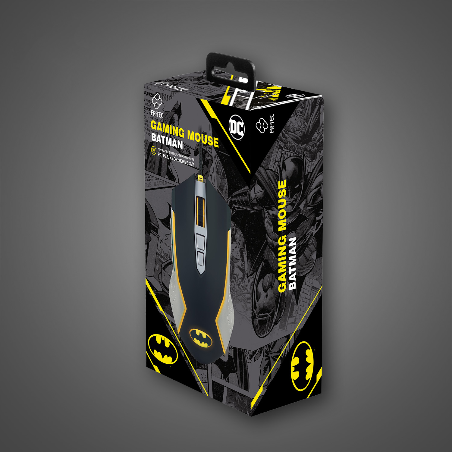 Un mouse da gaming di Batman nella sua scatola. La scatola è nera con dettagli gialli, con il logo di Batman e arte a fumetti.