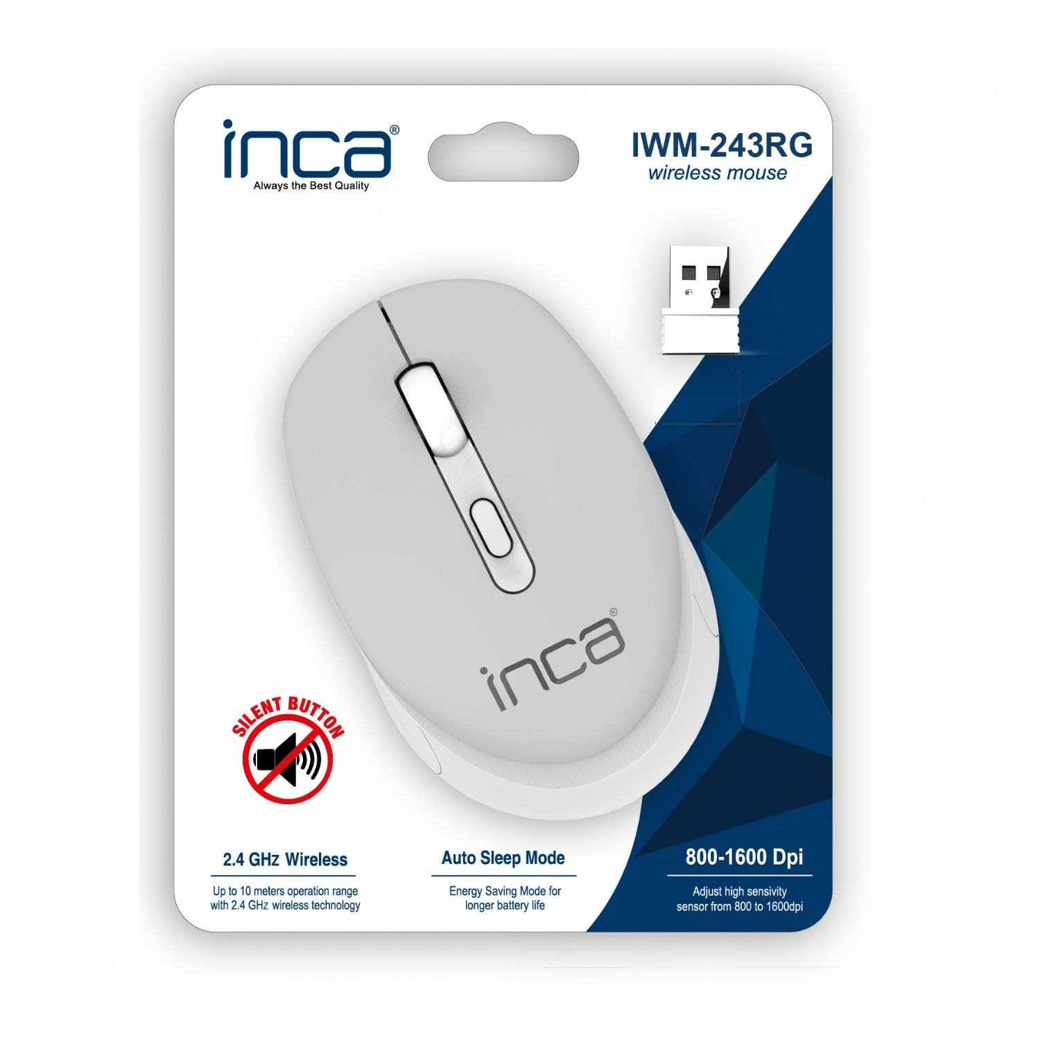 A white Inca wireless mouse on its packaging. Features include silent button, 2.4 GHz wireless, and auto sleep mode.