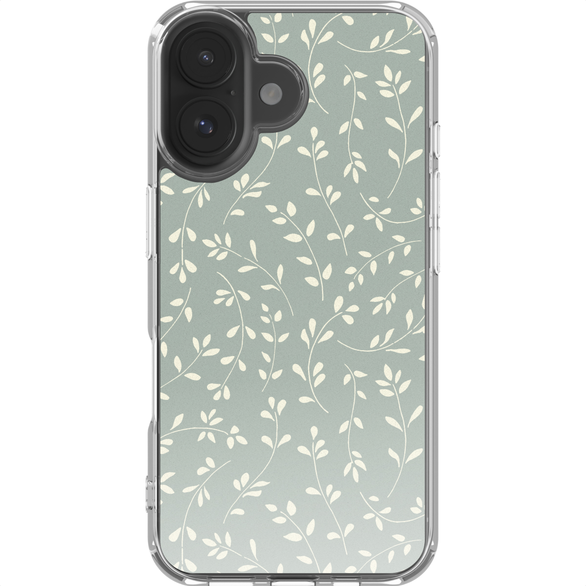 Une coque de téléphone avec un motif floral de feuilles blanches sur fond vert clair, enfermée dans une coque transparente.