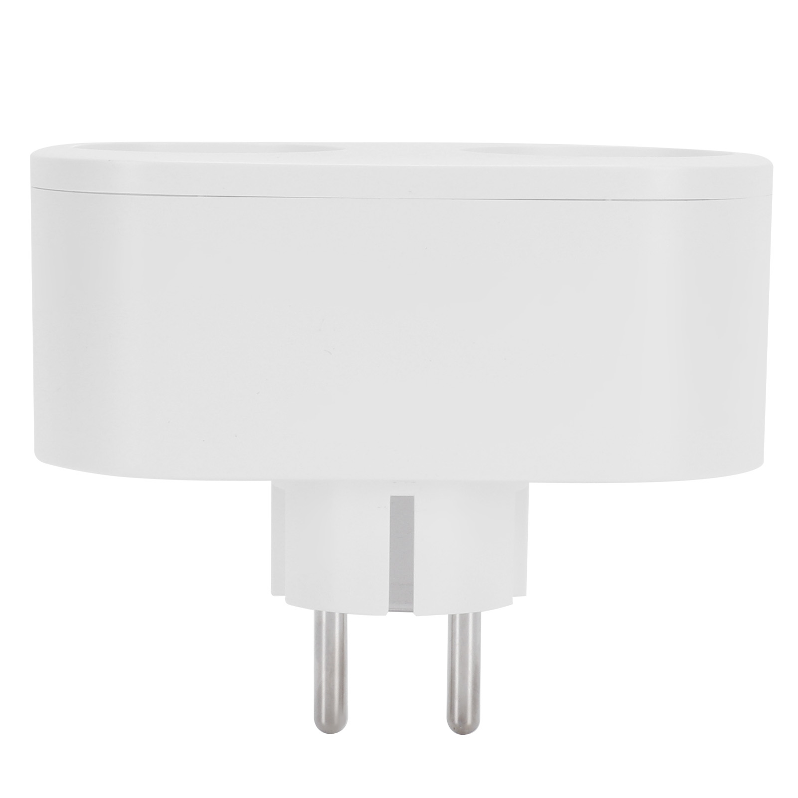 Ein weißer elektrischer Steckeradapter. Er hat einen rechteckigen Körper und zwei Metallstifte zum Einstecken in eine Steckdose.