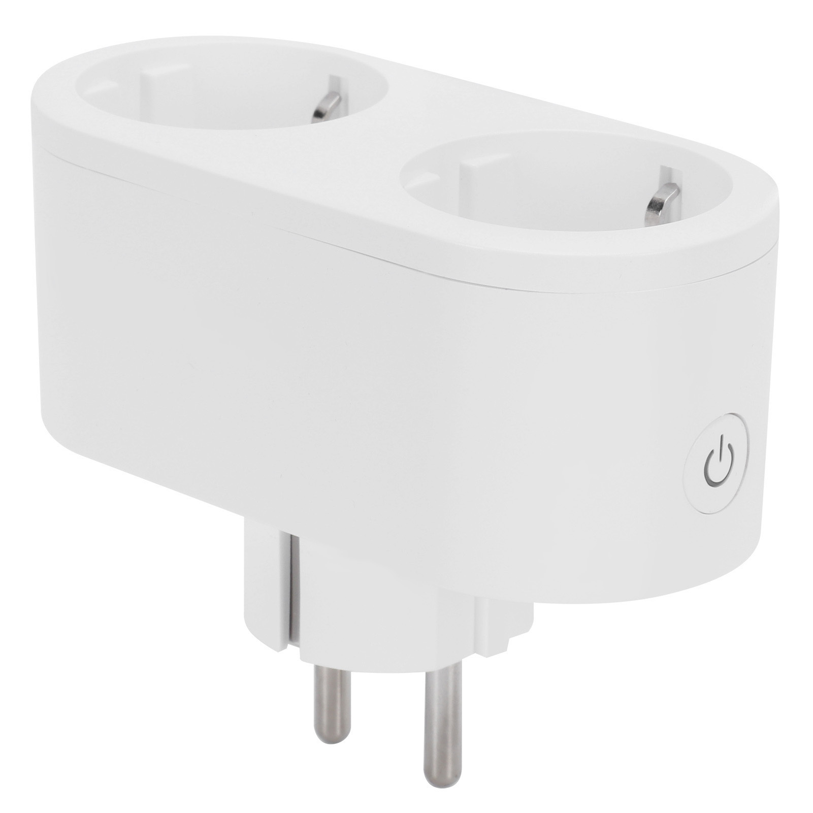 Ein weißer Doppelsteckdosenadapter mit einem Power-Button und zwei Steckern. Isoliert auf weißem Hintergrund.