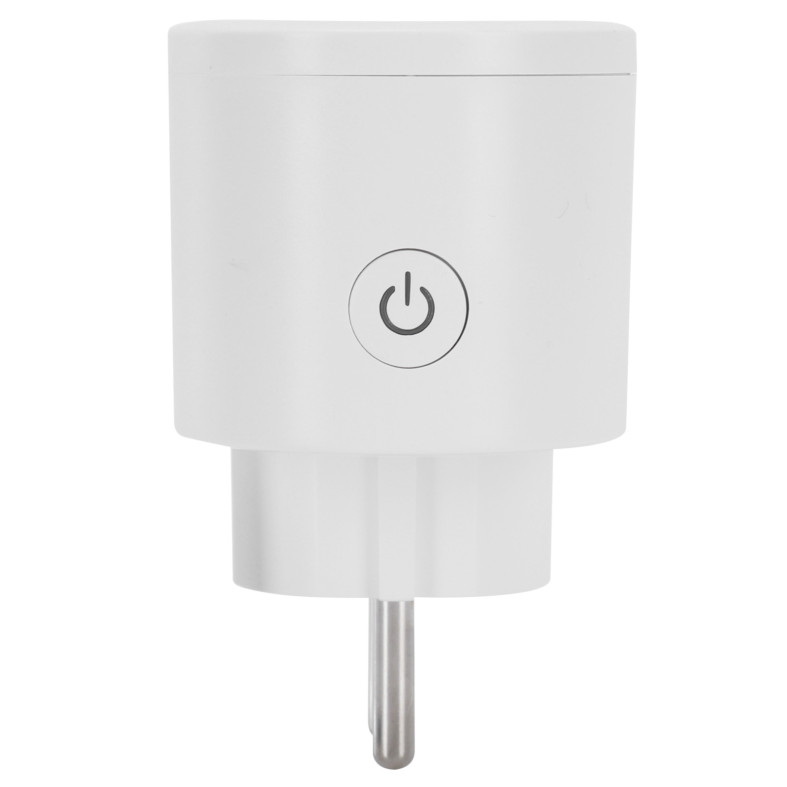 Weißer Smart-Stecker mit einem Ein-/Ausschalter-Symbol. Er hat einen Eurostecker und eine Ein-/Aus-Taste.
