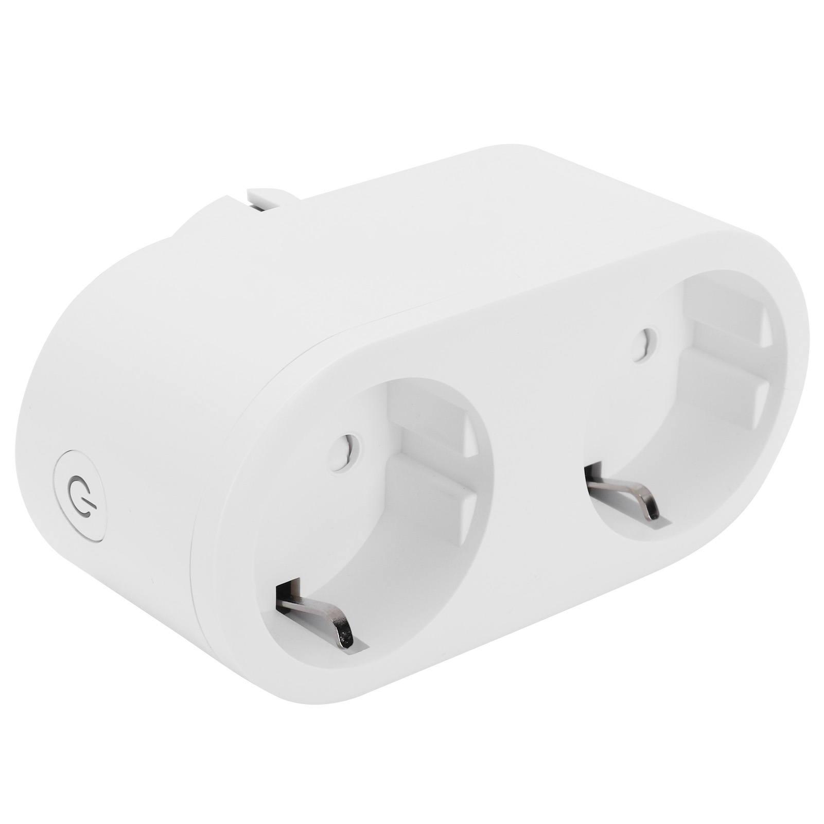 Ein weißer Doppelsteckdosenadapter. Er hat zwei runde Buchsen, Metallstifte und eine Ein-/Aus-Taste.