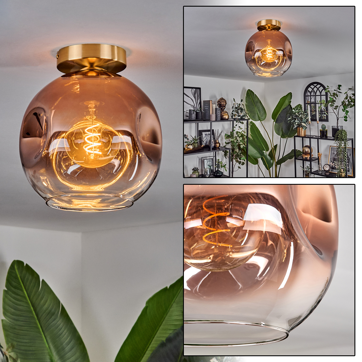 Eine kupferfarbene Deckenlampe aus Glas mit einer Spirallampe. Im Hintergrund sind Pflanzen und Regale mit Dekorationen zu sehen.