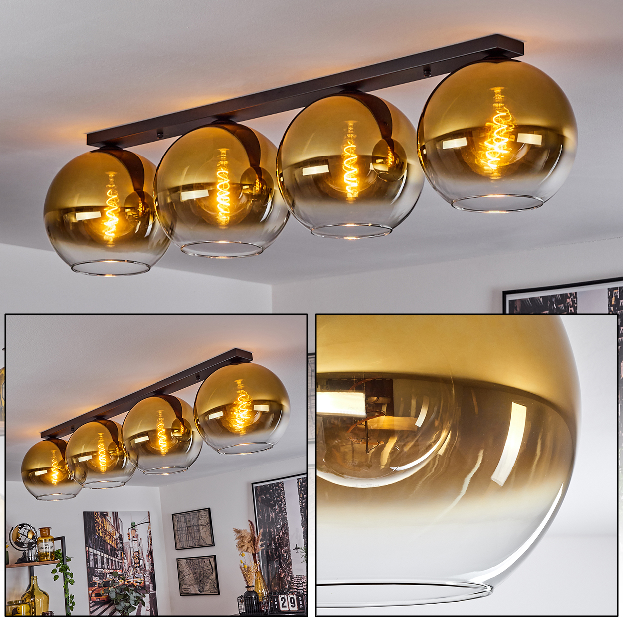 Eine Deckenleuchte mit vier bernsteinfarbenen Glaskugeln. Die Kugeln sind an einer dunkelbraunen Metallstange befestigt. Der Hintergrund zeigt einen Raum.