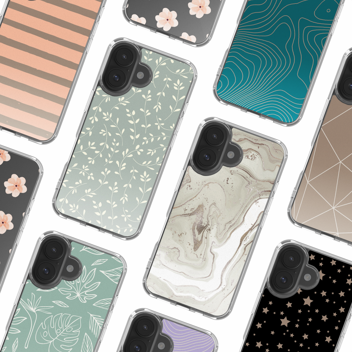 Diverses coques de téléphone avec différents motifs, y compris floraux, marbrés, rayés et géométriques, disposées sur une surface blanche.