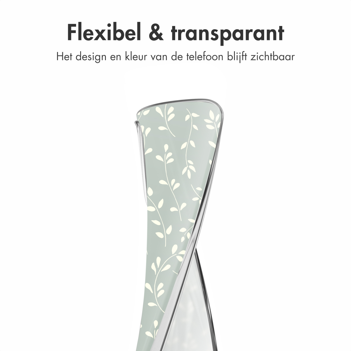 Une coque de téléphone transparente avec un motif de feuilles est affichée sur fond blanc. Le texte en haut dit 'Flexible & Transparent'.