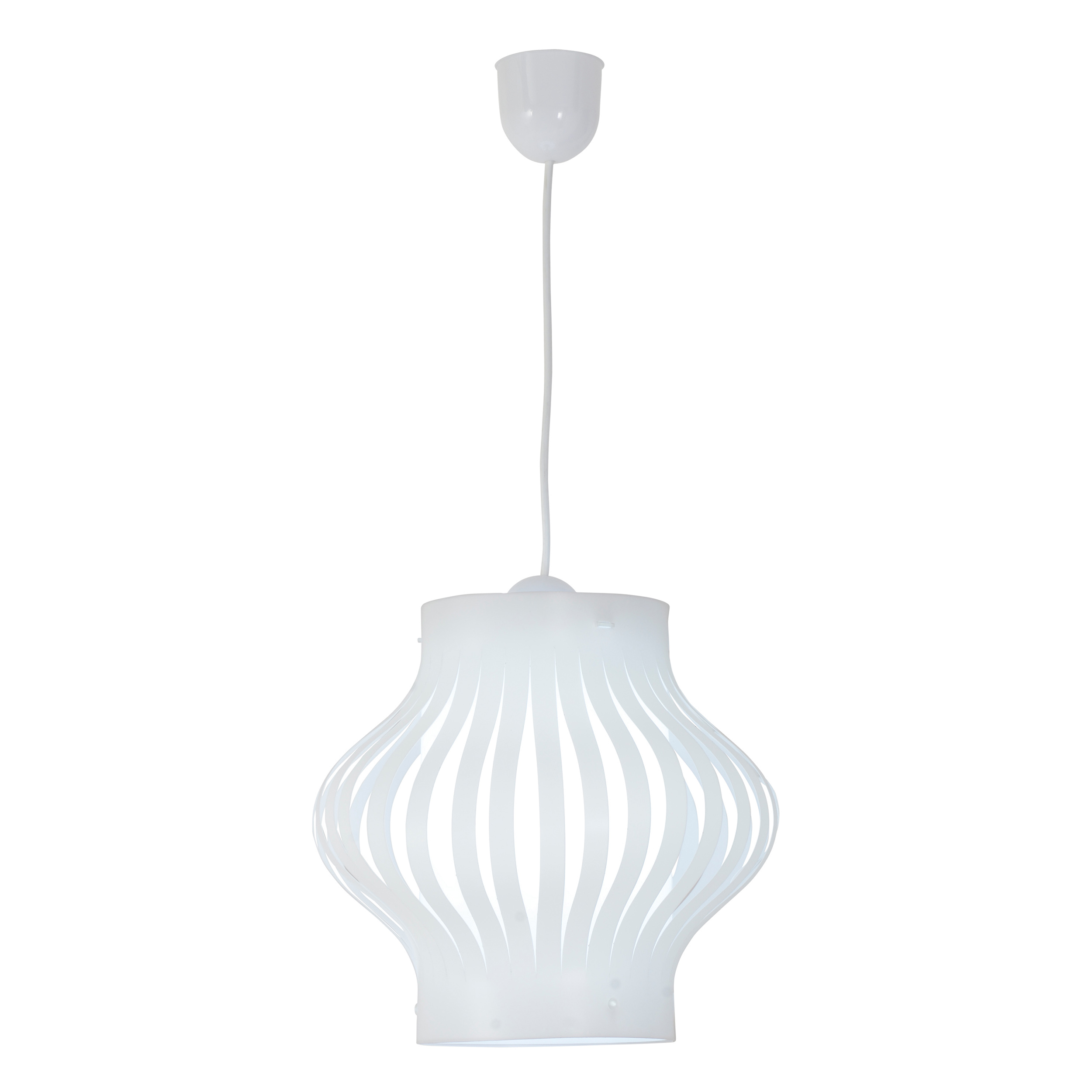 Eine weiße Pendelleuchte mit geschwungenem, käfigartigem Schirm. Sie hängt an einem weißen Kabel vor weißem Hintergrund.