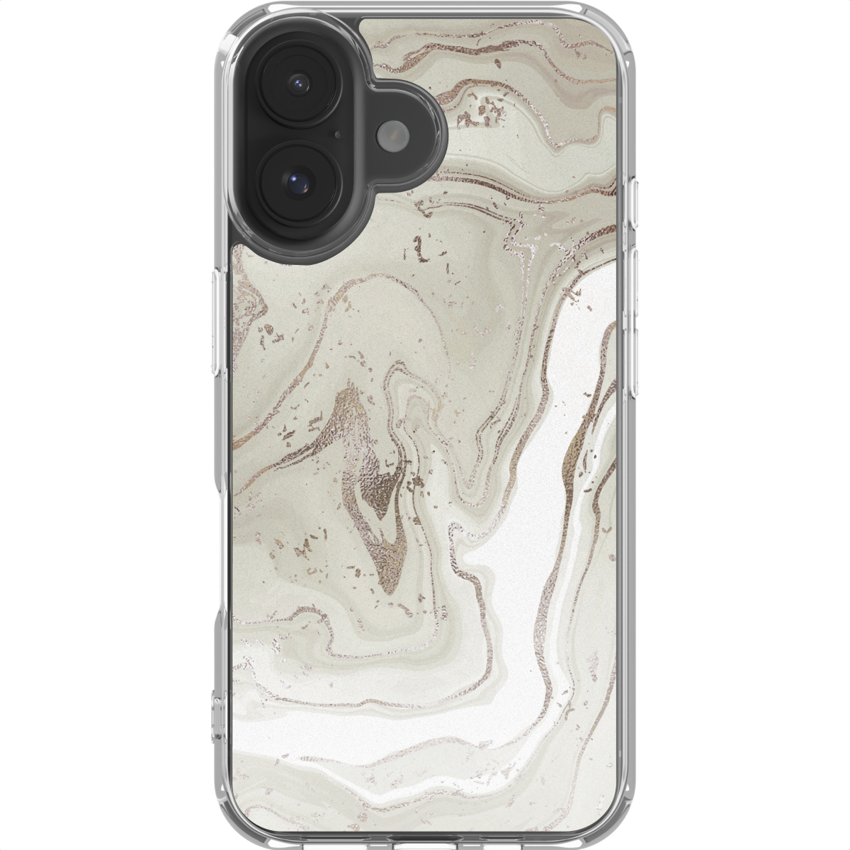 Custodia per smartphone con design marmorizzato in crema, bianco e oro. Cornice trasparente. Con lenti della fotocamera e flash.