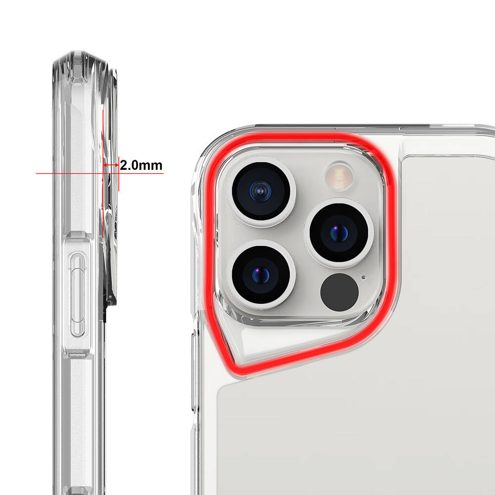 Şeffaf bir telefon kılıfının yakın çekimi. Kılıf, kamera lenslerinin etrafında kırmızı bir kontur gösterir. 2,0 mm ölçümü de görünür.