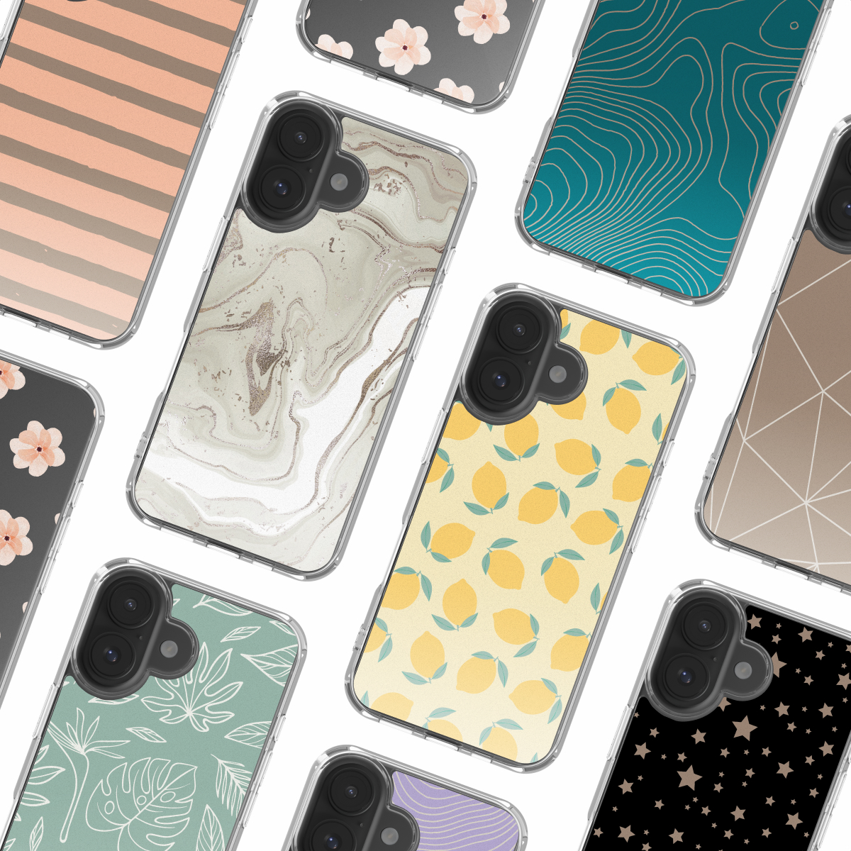 Collezione di custodie per telefoni con vari design: marmo, floreale, limoni, motivi geometrici e stelle. Custodie trasparenti, sfondo bianco.