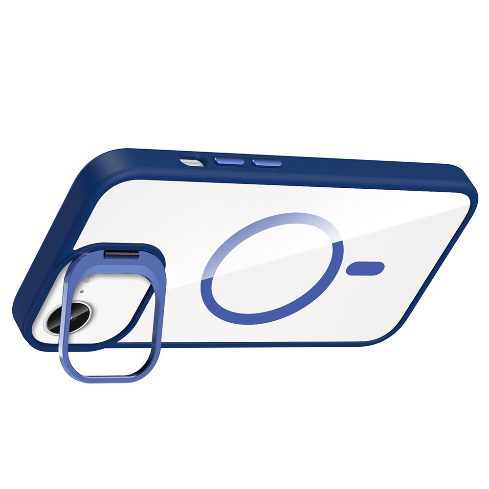 Mavi çerçeveli ve şeffaf arka yüzeyli bir telefon kılıfı. Mavi bir halka tutucu takılıdır. Telefonun kamerası görülebilir.