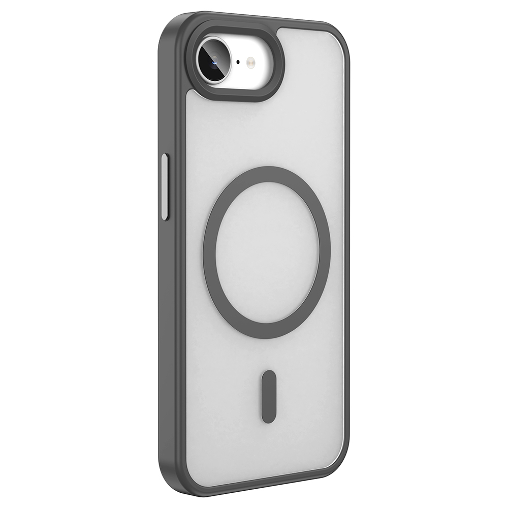 Koyu gri çerçeveli şeffaf bir iPhone kılıfı. Kamera oyuğu, manyetik halka ve şarj portu göstergesi bulunur.