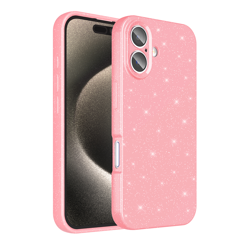 İçinde telefon bulunan pembe ışıltılı telefon kılıfı. Kılıfın iki kamera açıklığı ve bir ses düğmesi var.