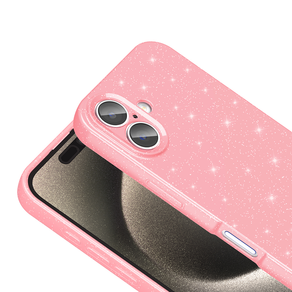 Pembe parıltılı telefon kılıfı, telefonu kısmen kapatıyor. Kılıfın kamera açıklıkları ve parlak bir yüzeyi var. Telefonun ekranı görünüyor.