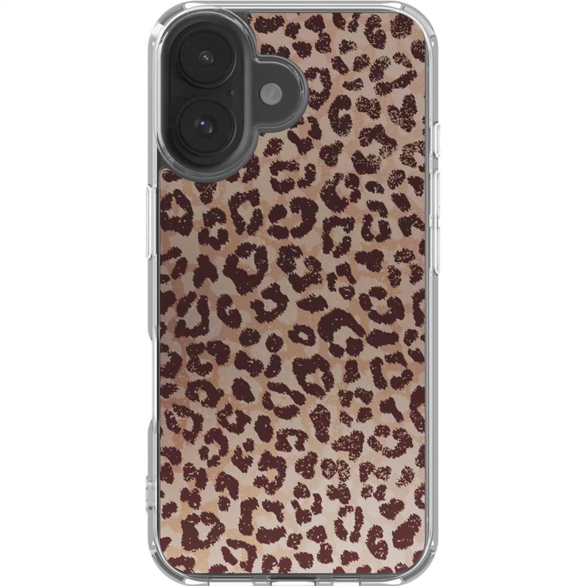 Een telefoonhoesje met een luipaardprintontwerp. De hoes is transparant met een bruine en bruinachtige dierenprint.